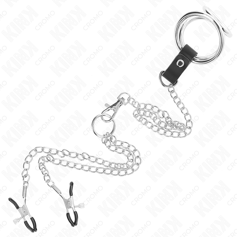 KINK - ANEL DE PÊNIS TRIPLO DE METAL CROMADO DE 3,8 CM A 5 CM COM CORRENTE DE METAL DE 26 CM E GRAMPOS DE MAMILOS MODELO 1 - Image 5