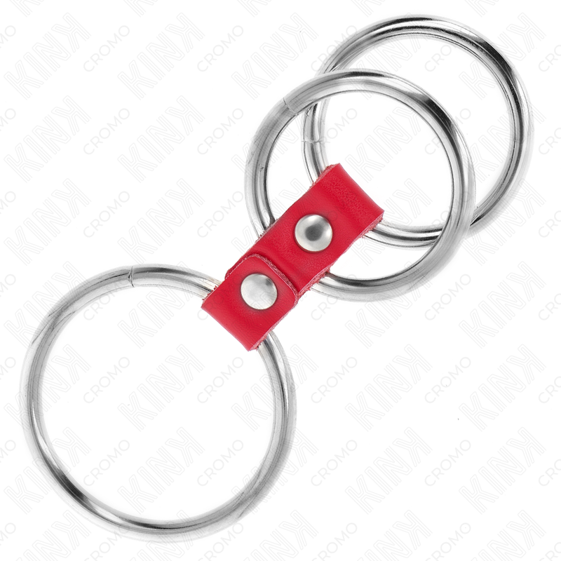 KINK - ANEL DE PÊNIS TRIPLO DE METAL DE 3,7 CM A 5 CM CONECTADO COM COURO VERMELHO - Image 3