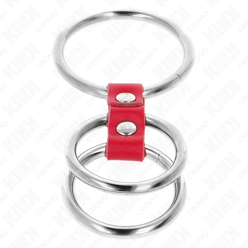 KINK - ANEL DE PÊNIS TRIPLO DE METAL DE 3,7 CM A 5 CM CONECTADO COM COURO VERMELHO - Image 4