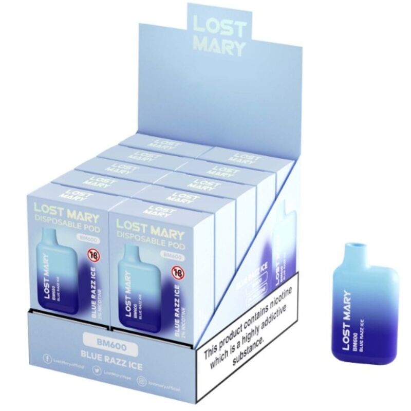 LOST MARY – (EXPOSITOR PROFESSIONAL PACK -10 UNIDADES) BM600 NICOTINE VAPER 2% DESCARTÁVEL AZUL RAZZ ICE