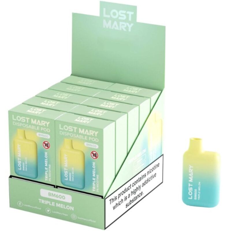 LOST MARY – (EXPOSITOR PROFESSIONAL PACK -10 UNIDADES) BM600 NICOTINE VAPER 2% DESCARTÁVEL TRIPLE MELÃO
