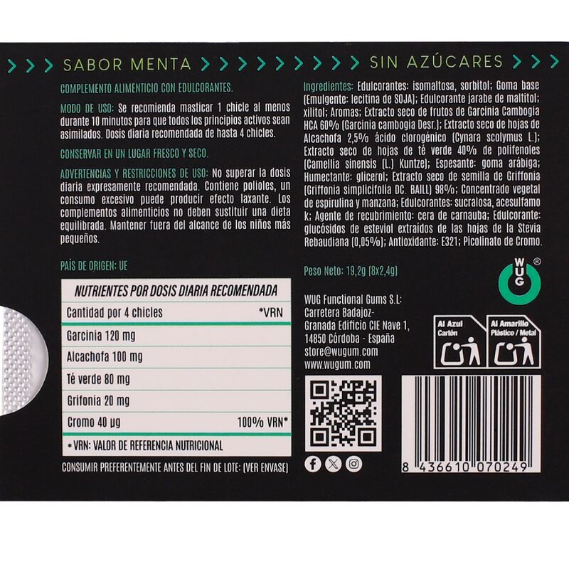 WUG DIET - GOMA DE HORTELÃ FUNCIONAL SEM AÇÚCAR, EM CARTELA COM 8 UNIDADES - Image 4