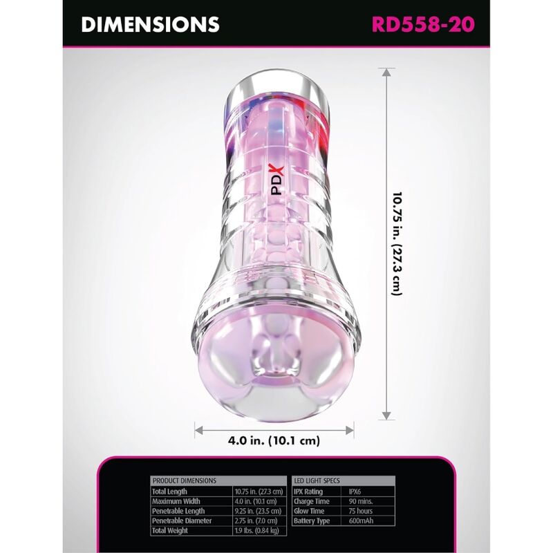 PDX ELITE - VIEWTUBE XXL LED TRANSPARENT STROKER 27,3 CM - Image 4